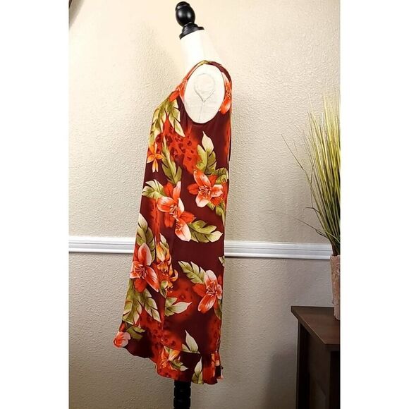 Chico's Silk Tropical Floral Dress - Red Green Sleeveless Medium - Picture 4 of 8